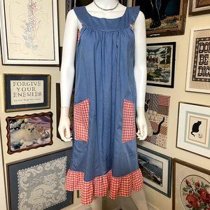 80s Vintage Paul Sherman Blue Yoke Neck Sleeveless House Dress with Red Gingham